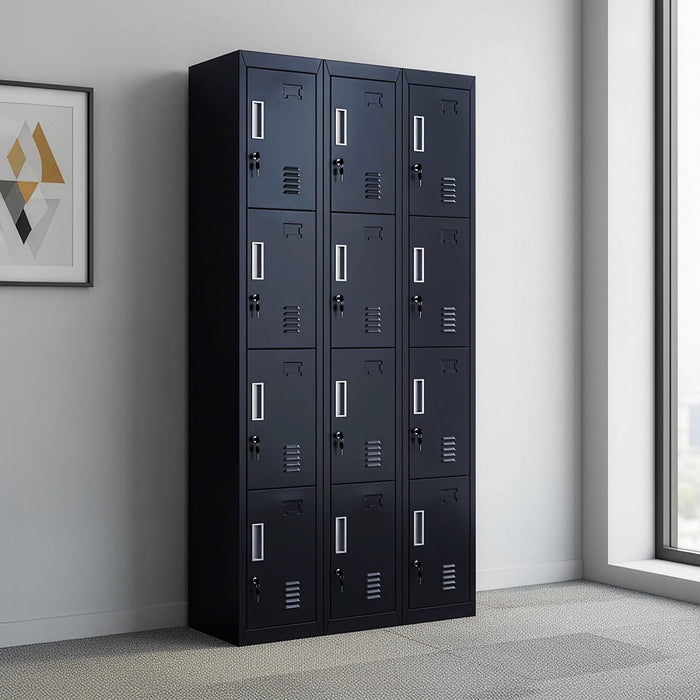 12-Door Locker – Black with Standard Lock with 2 Keys | Secure Storage for Office, Gym or School Use