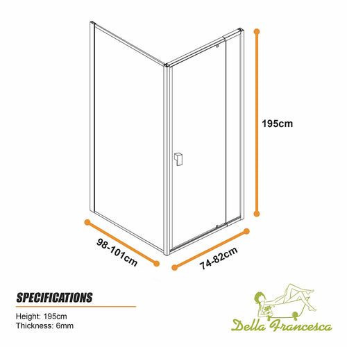 Semi-Frameless Shower Screen – Gunmetal, Front: (74~82)x195cm, Side: (98~101)x195cm
