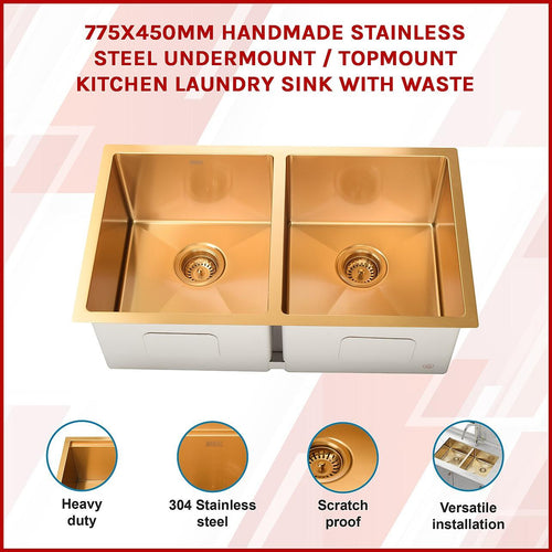 775x450mm Stainless Steel Handmade 1.5mm Sink with Waste in Gold with sand-finish Finish