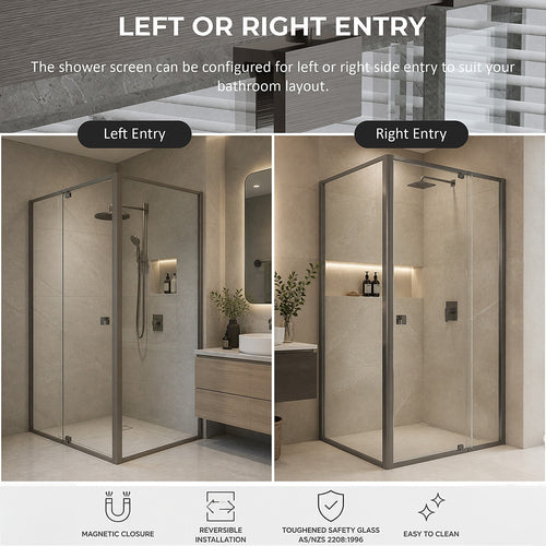 Semi-Frameless Shower Screen – Gunmetal, Front: (98~106)x195cm, Side: (77~80)x195cm
