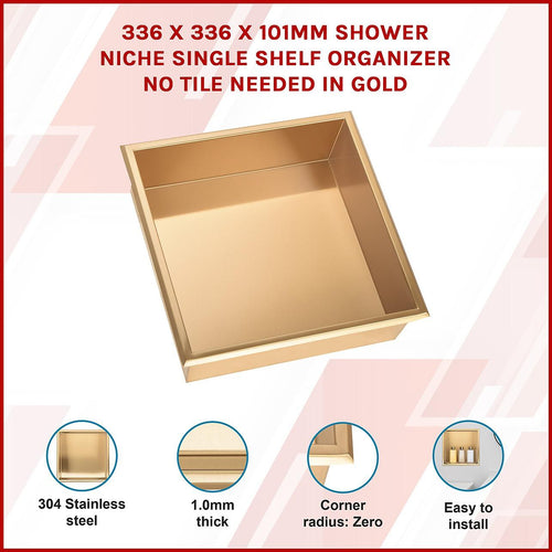 336 x 336 x 101mm Shower Niche Single Shelf Organizer No Tile Needed in Gold Finish