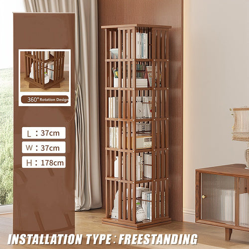 360 Rotating Bookshelf Bamboo Storage Display Rack Shelving in Dark Wood