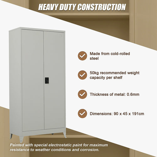 Double-Door Metal Cabinet with 4 Shelves – Office, Garage, or Home Storage in Grey with Legs