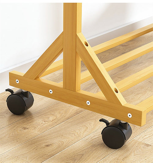 Portable Bamboo Clothes Rack with Garment Rail, Storage Shelves & Rolling Wheels