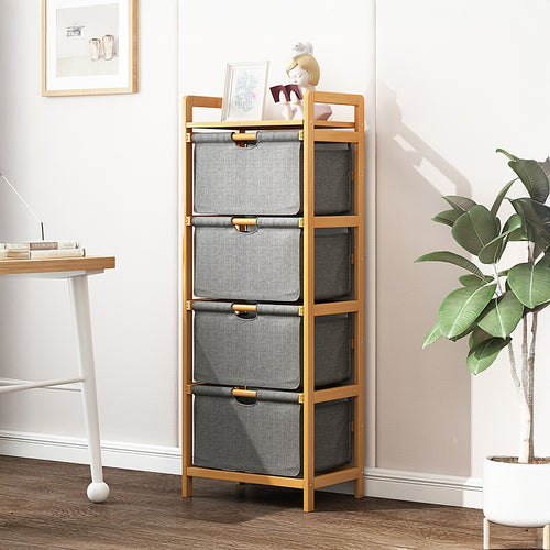 Bamboo Shelf with Storage Hamper – Wooden Organiser Rack with 4 Removable Laundry Bags