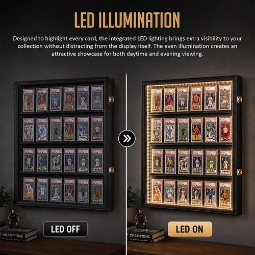 LED Trading Card Display Case for 35 Graded Cards Lockable Wall Frame