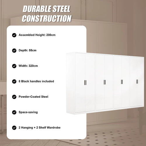 320x200cm 8-Door White Steel 2 Hanging and 2 Shelf Wardrobe with Black Handle Storage Cabinet