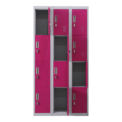 12-Door Locker – Grey with Pink Door with Padlock-operated | Secure Storage for Office, Gym or School Use