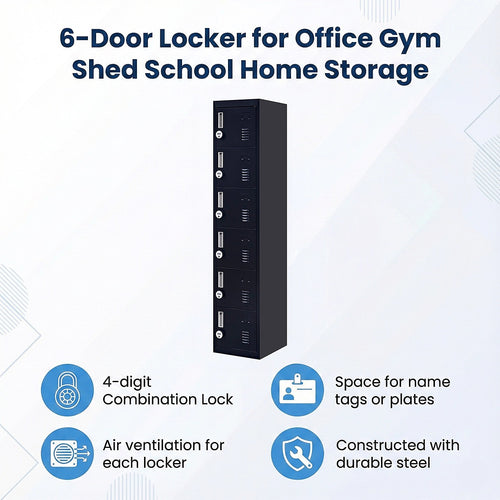 6-Door Black Metal Locker Cabinet – Vertical Storage with 4-Digit Combination Lock for Office, School