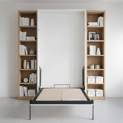 Single Wall Bed in White Gloss – Space Saving Murphy Bed Kit with Black Door Handle