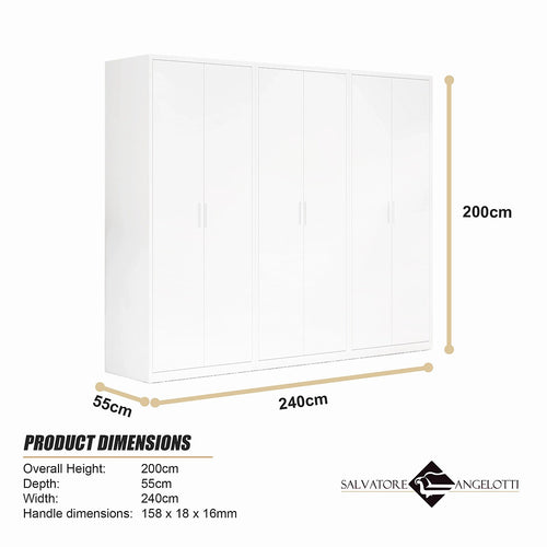 240x200cm 6-Door White Steel Shelf Wardrobe with White Handle Storage Cabinet