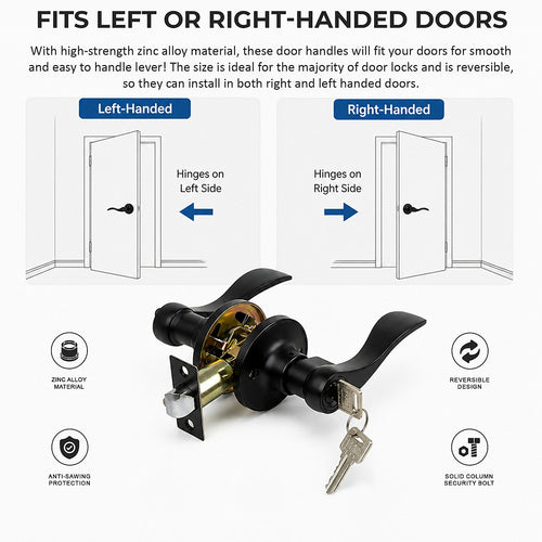 Door Handle Set Lever – Key Lock Function with Wave-style Black Design and Functional Style