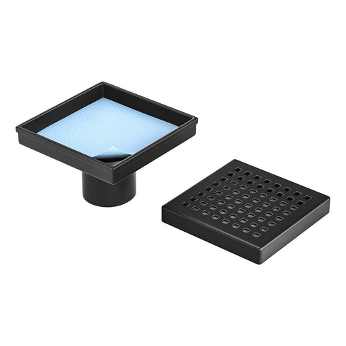 15 x 15cm Square Shower Drain with Grid Pattern Grate – Matte Black Stainless Steel