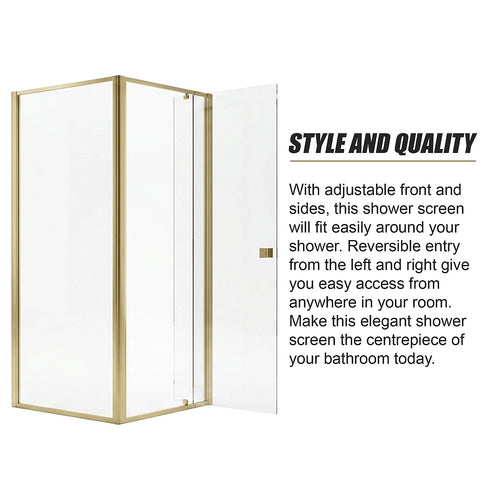 Adjustable Semi Frameless Shower Screen Front: (82~90)x195cm with Gold Hardware and Side: (89~92)x195cm