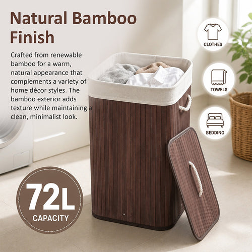 72L Wood Bamboo Laundry Hamper with Lid & Removable Liner Bag
