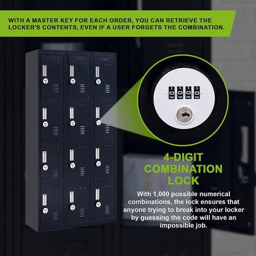 12-Door Locker – Black with 4-Digit Combination Lock | Secure Storage for Office, Gym or School Use