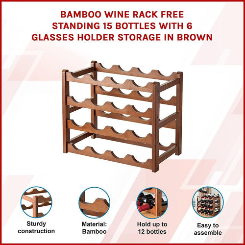 Bamboo Wine Rack Free Standing 15 Bottles with 6 Glasses Holder Storage in Brown