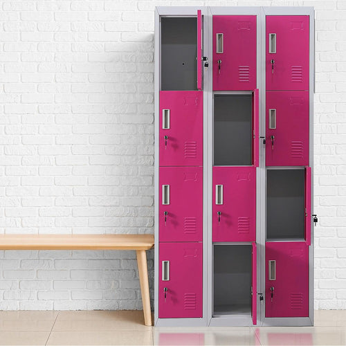 Grey with Pink Door 12-Door Locker for Office Gym Shed School Home Storage - Standard Lock with 2 Keys