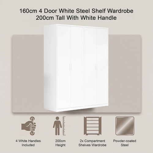 160x200cm 4-Door White Steel Shelf Wardrobe with White Handle Storage Cabinet