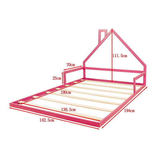 Pine Floor Bed House Frame in Pink for Kids and Toddlers - Double