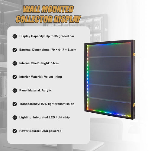 LED Trading Card Display Case for 35 Graded Cards Lockable Wall Frame