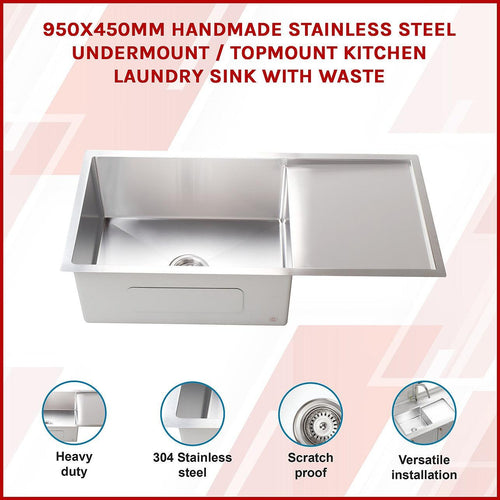 950x450mm Stainless Steel Handmade 1.5mm Sink with Waste in Stainless Steel with brushed finish Finish