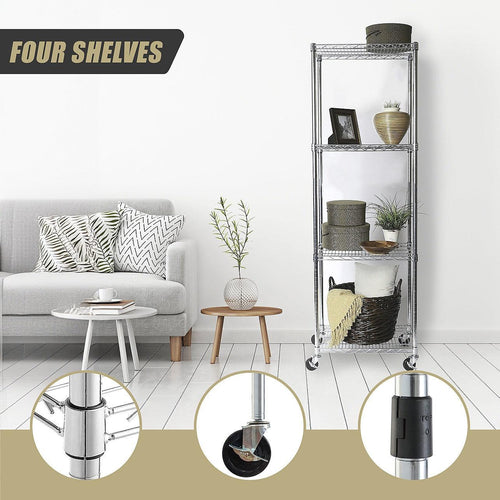 Modular Wire Storage Shelf 450 x 450 x 1800mm Steel Shelving - Carbon Chrome Plated with Wheels