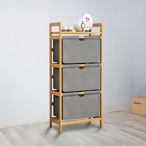 Bamboo Shelf with Storage Hamper – Wooden Organiser Rack with Three-Set Removable Laundry Bags