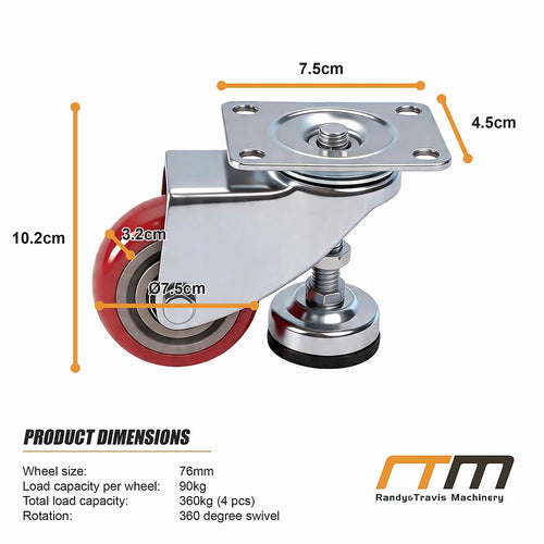 76mm Heavy Duty Swivel Caster Wheels with M12 Screw Feet – Set of 4