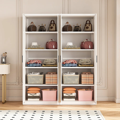 160x200cm 4-Door White Steel Shelf Wardrobe with Black Handle Storage Cabinet