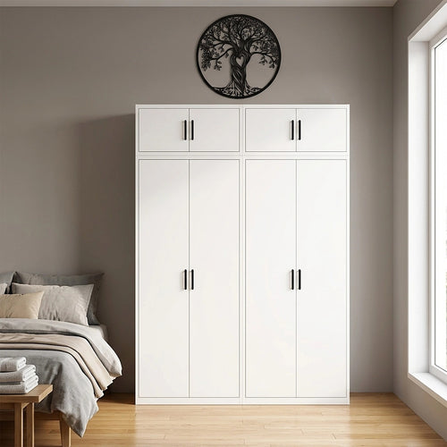 160x240cm 4-Door White Steel Hanging Wardrobe with Black Handle Storage Cabinet