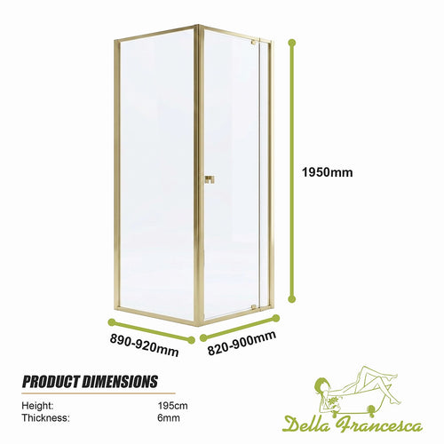 Adjustable Semi Frameless Shower Screen Front: (82~90)x195cm with Gold Hardware and Side: (89~92)x195cm