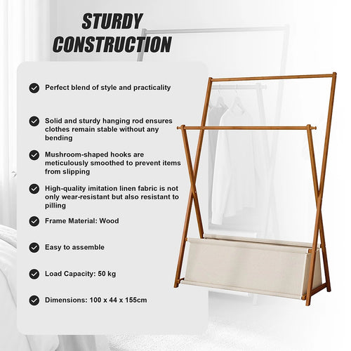 100x155cm Freestanding Clothes Rail Garment Rack in Dark Wood with Storage Shelf – Stylish, Space-Efficient Organiser
