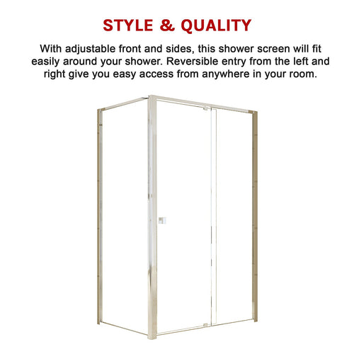 Adjustable Semi Frameless Shower Screen Front: (114~122)x195cm with Gold Hardware and Side: (77~80)x195cm