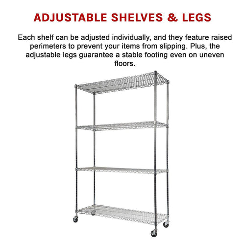 Modular Wire Storage Shelf 1500 x 350 x 1800mm Steel Shelving - Carbon Chrome Plated with Wheels