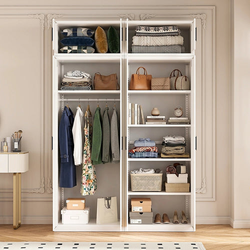 160x240cm 4-Door White Steel Hanging and Shelf Wardrobe with Black Handle Storage Cabinet