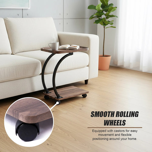 C-Shaped Corner End Table with Wheels Sofa Side Table