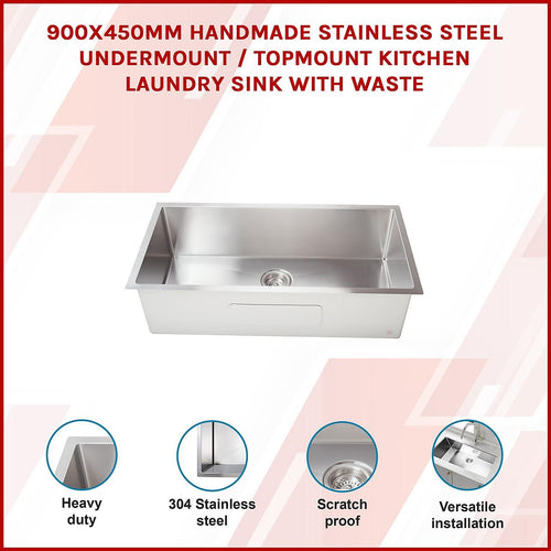 900x450mm Stainless Steel Handmade 1.5mm Sink with Waste in Stainless Steel with brushed finish Finish