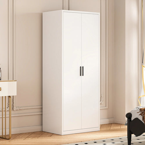 80x200cm 2-Door White Steel Hanging Wardrobe with Black Handle Storage Cabinet