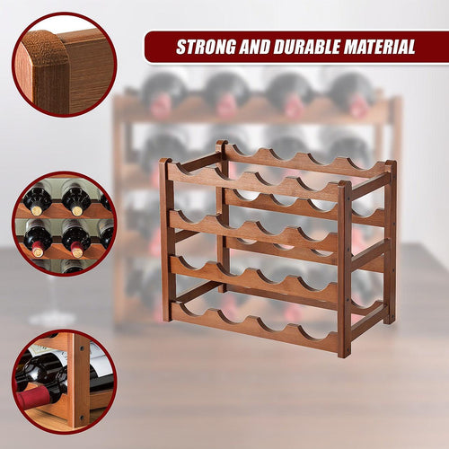 Bamboo Wine Rack Free Standing 15 Bottles with 6 Glasses Holder Storage in Brown
