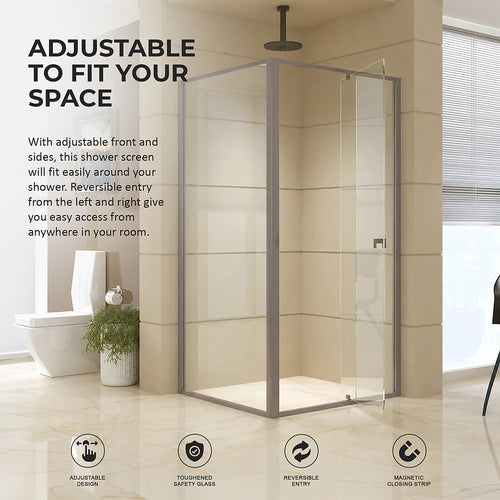 Semi-Frameless Shower Screen – Gunmetal, Front: (98~106)x195cm, Side: (89~92)x195cm
