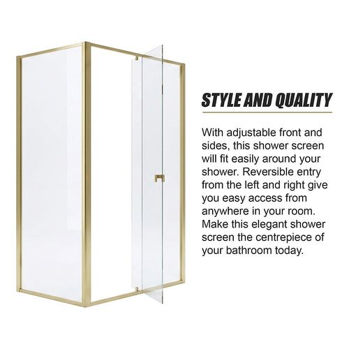 Adjustable Semi Frameless Shower Screen Front: (74~82)x195cm with Gold Hardware and Side: (98~101)x195cm