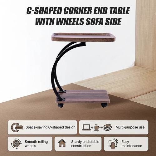 C-Shaped Corner End Table with Wheels Sofa Side Table