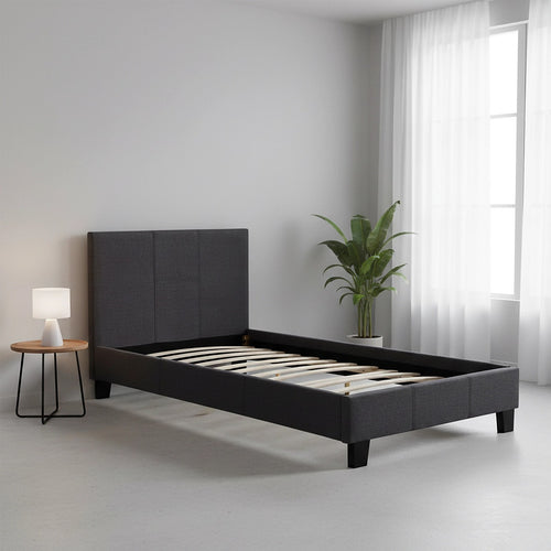 Single Size Bed Frame with Headboard – Grey Linen Fabric
