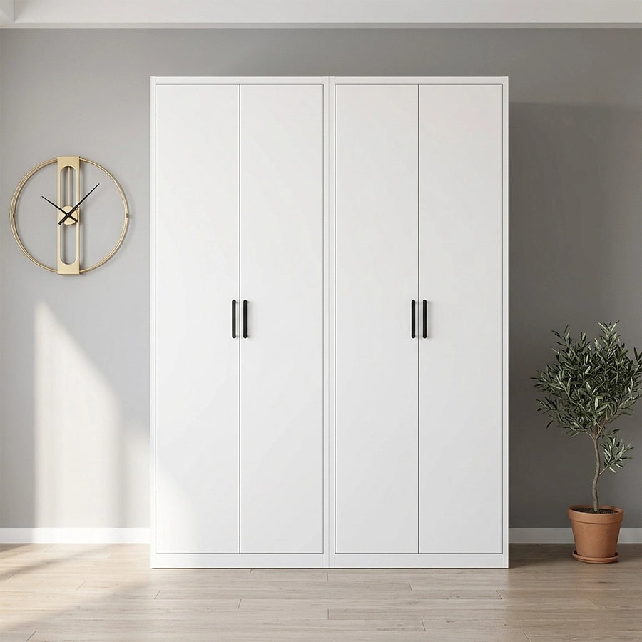 160x200cm 4-Door White Steel Hanging Wardrobe with Black Handle Storage Cabinet