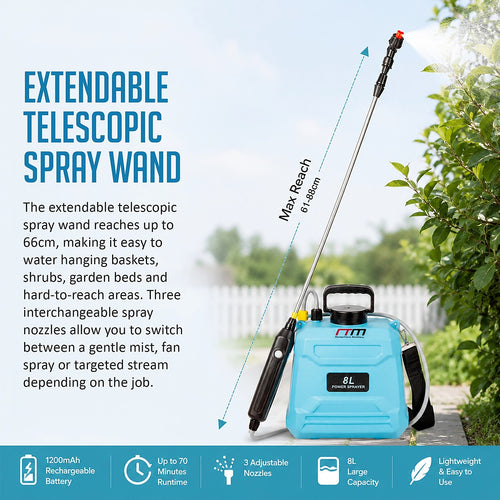 8L Battery Powered Garden Sprayer Electric Pressure Spray Tank with Extendable Wand for Watering, Fertiliser & Garden Care