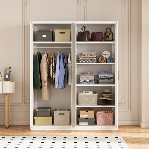 160x200cm 4-Door White Steel Hanging and Shelf Wardrobe with Gold Handle Storage Cabinet