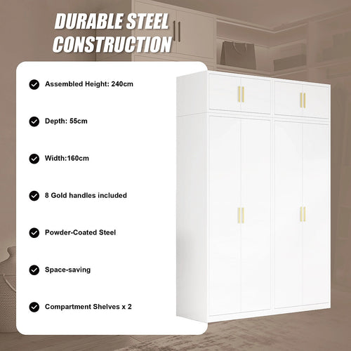 160x240cm 4-Door White Steel Shelf Wardrobe with Gold Handle Storage Cabinet