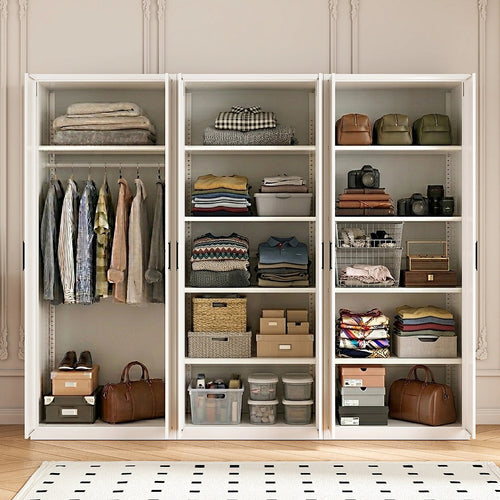 240x200cm 6-Door White Steel 1 Hanging and 2 Shelf Wardrobe with Black Handle Storage Cabinet