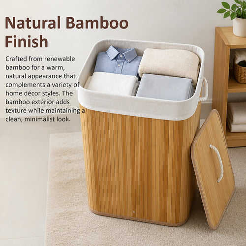 72L Wood Bamboo Laundry Hamper with Lid & Removable Liner Bag